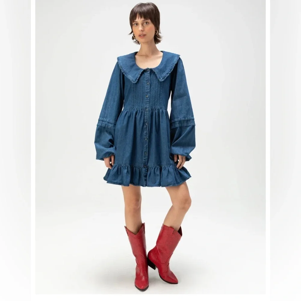 BDG Urban Outfitters Women’s Long Sleeve Button Front Denim Collar Dress Small - Picture 2 of 12